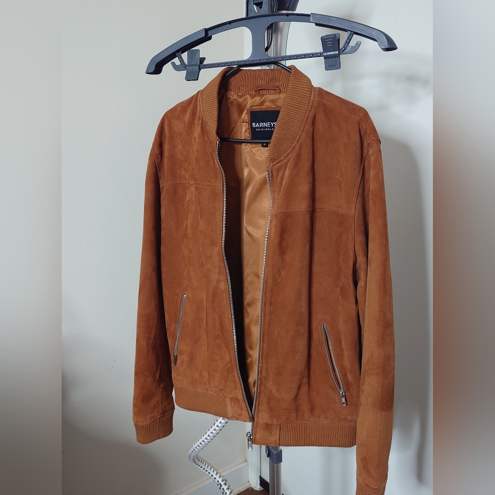 Barneys Original Cognac Suede Bomber Jacket Size Large